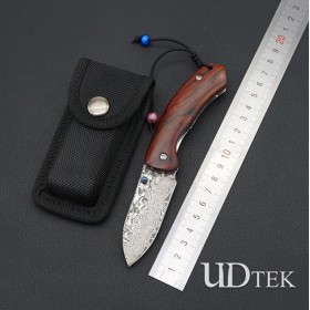 New Damascus sandalwood handmade forged folding knife UD19012